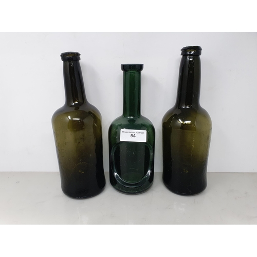 54 - Three antique green glass Wine Bottles with deeply inverted bases,