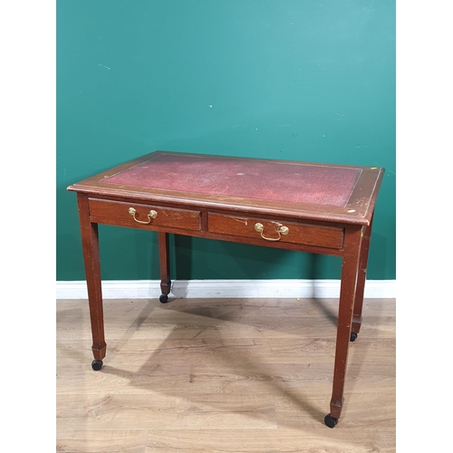 595 - A mahogany Desk with leather effect writing surface fitted two frieze drawers 3ft 6in W x 2ft 8in H ... 