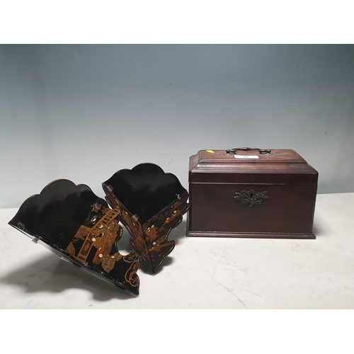 61 - A Georgian mahogany Tea Caddy with brass handle, A/F and a pair of black lacquered and gilt chinoise... 