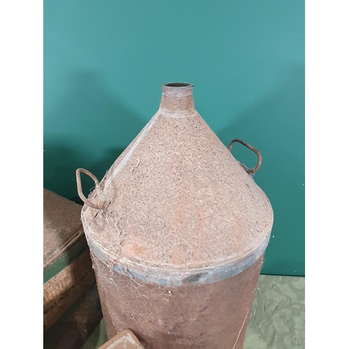 691 - Two large stoneware Flagons, two Oil Cans, another metal Can and a Shell Petrol Can (R8)