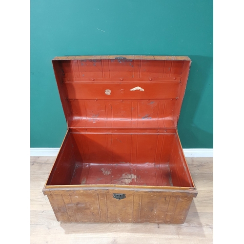 745 - A large painted Tin Luggage Trunk with carry handles, front lock catch missing, 1ft 11