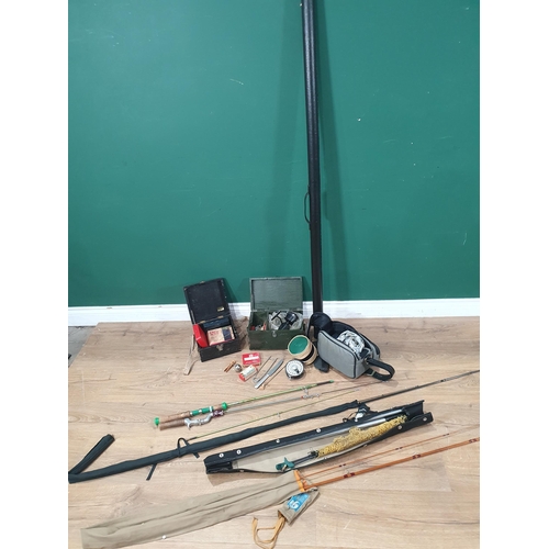 749 - An Edgar Sealey two piece split cane Rod, a telescopic Fishing Rod, another Rod, a folding Landing N... 