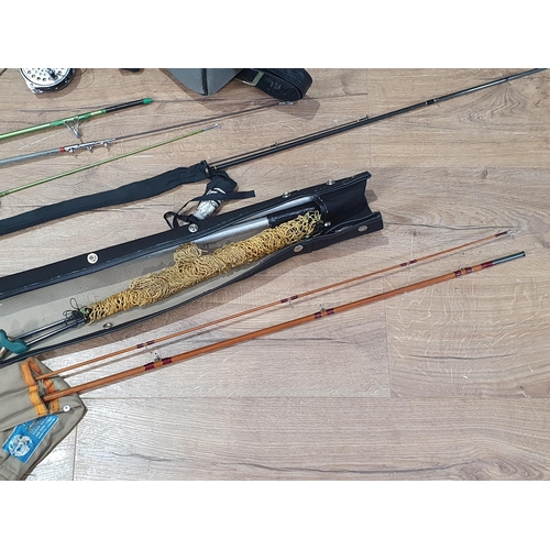 749 - An Edgar Sealey two piece split cane Rod, a telescopic Fishing Rod, another Rod, a folding Landing N... 