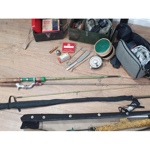 749 - An Edgar Sealey two piece split cane Rod, a telescopic Fishing Rod, another Rod, a folding Landing N... 