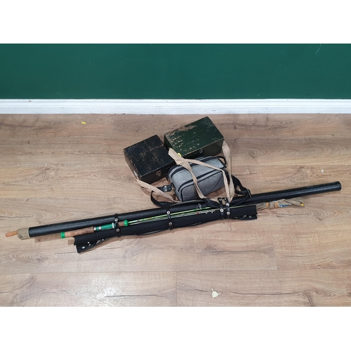 749 - An Edgar Sealey two piece split cane Rod, a telescopic Fishing Rod, another Rod, a folding Landing N... 