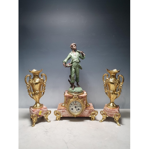 754 - A marble and gilt metal Clock Garniture with figural surmount (R8)