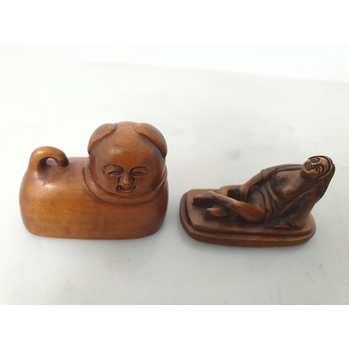 84 - Two carved wooden Netski in the form of frogs, and an Egyptian style carved wooden Erotic Figure and... 