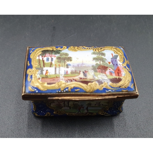 90 - A Georgian Bilston enamel rectangular Box the hinged lid painted figures in landscape, back and fron... 