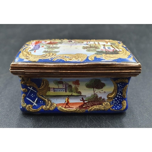 90 - A Georgian Bilston enamel rectangular Box the hinged lid painted figures in landscape, back and fron... 