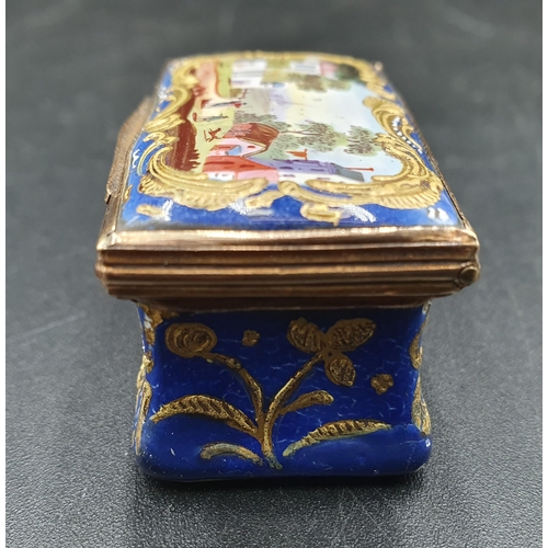 90 - A Georgian Bilston enamel rectangular Box the hinged lid painted figures in landscape, back and fron... 