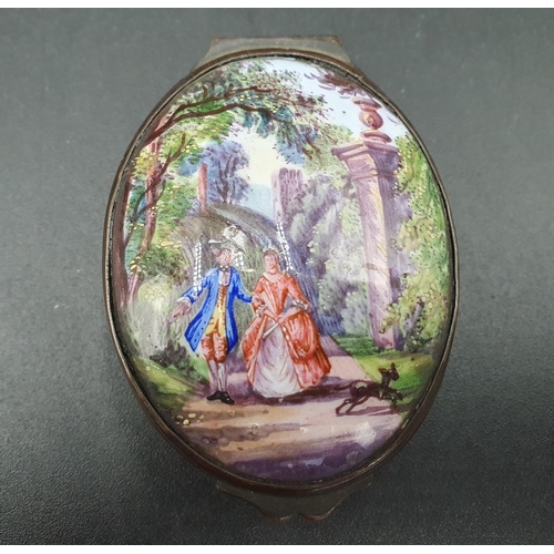 92 - An 18th century enamel oval Box, the hinged cover painted romantic couple in classical landscape, 2 ... 
