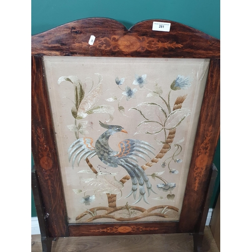 281 - Two needlework Firescreens, a mirror with surround painted birds and an arched Mirror