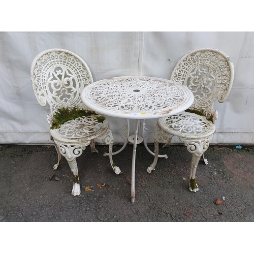 63 - A white painted aluminium circular Garden Table and a pair of Chairs.