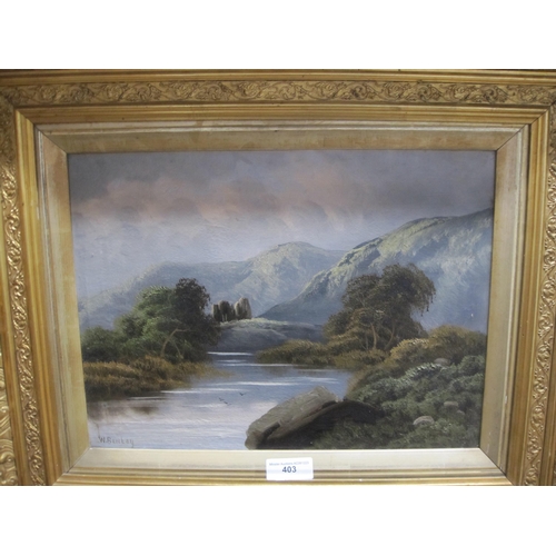 403 - W. BARCLAY. Mountainous river landscapes , signed, oil on canvas, 12 x 15 in; a pair;  a print title... 