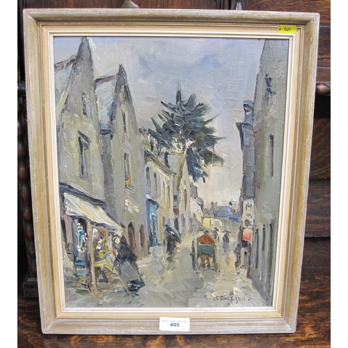 405 - R. LE FORESTIER. A street scene with Figures, signed, oil on canvas, 16 x 12 1/2 in (R1)