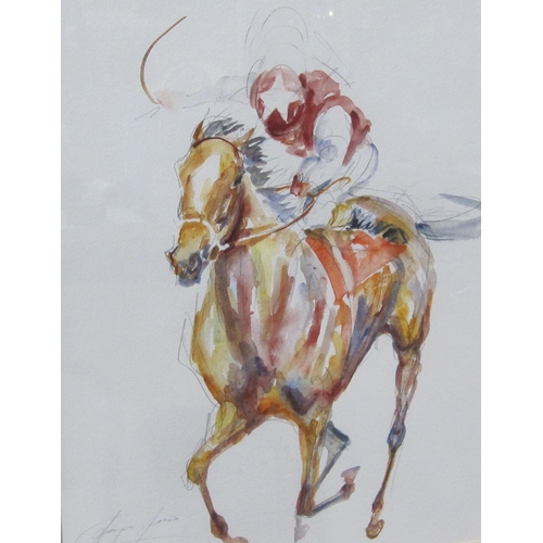 409 - JACQUIE JONES. 'Riding a Finish, ands and heels', signed in pencil, watercolour, 14 1/2 x 10 1/2 in ... 