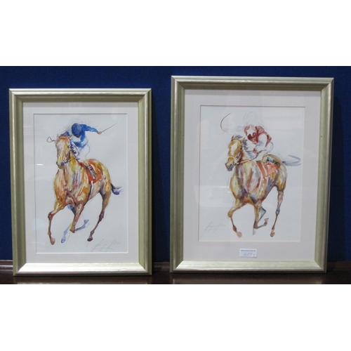 409 - JACQUIE JONES. 'Riding a Finish, ands and heels', signed in pencil, watercolour, 14 1/2 x 10 1/2 in ... 