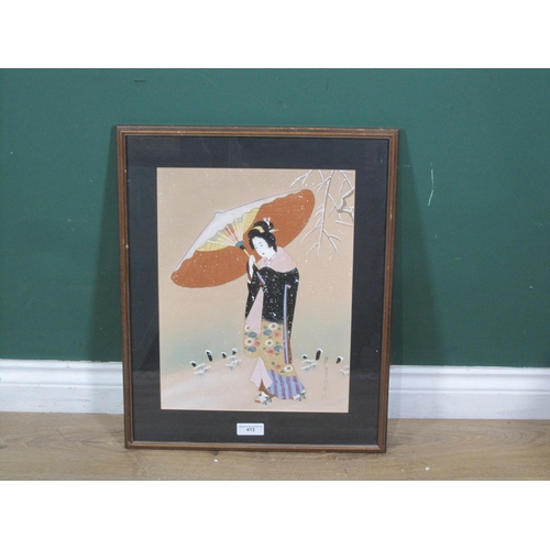 413 - JAPANESE SCHOOL, LATE 20TH CENTURY. A Figure holding a Parasol, mixed media print on linen, 16 x 12 ... 