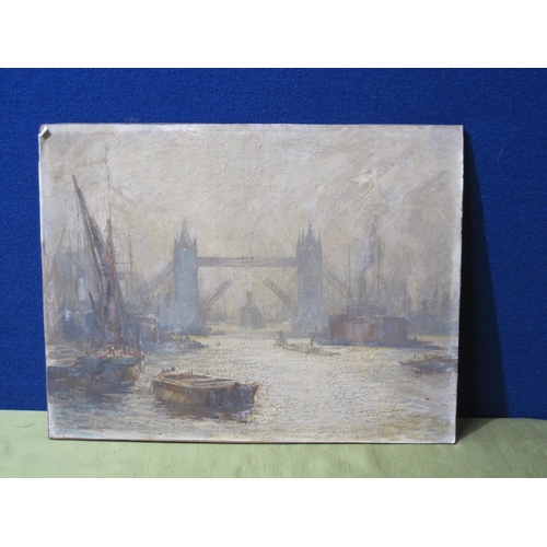 422 - J.ALPHEGE BREWER. 'Tower Bridge', mixed media on paper laid down on panel, unframed, 13 1/2 x 17 in;... 