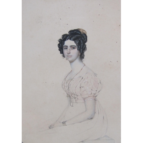 425 - ENGLISH SCHOOL, MID 19TH CENTURY. Portrait sketches of Ladies, both seated half-length, watercolour ... 