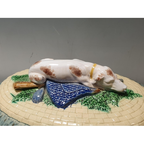 301 - A Minton Majolica Gun Dog Game Pie Dish and Cover, complete with inner Dish, with holly and hare and... 