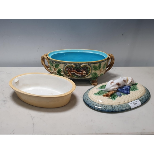 301 - A Minton Majolica Gun Dog Game Pie Dish and Cover, complete with inner Dish, with holly and hare and... 