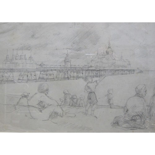 436 - ATTRIBUTED TO MARY LE FORESTIER. Children on a Beach by a Pier, pencil, 9 x 14 in; a watercolour by ... 