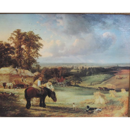 432 - MANNER OF GEORGE COLE. A modern colour reproduction depicting a victorian harvesting scene; a mixed ... 