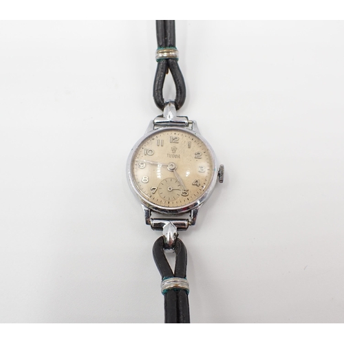 103 - A lady's vintage manual wind Tudor Wristwatch the champagne dial with arabic numerals and subsidiary... 