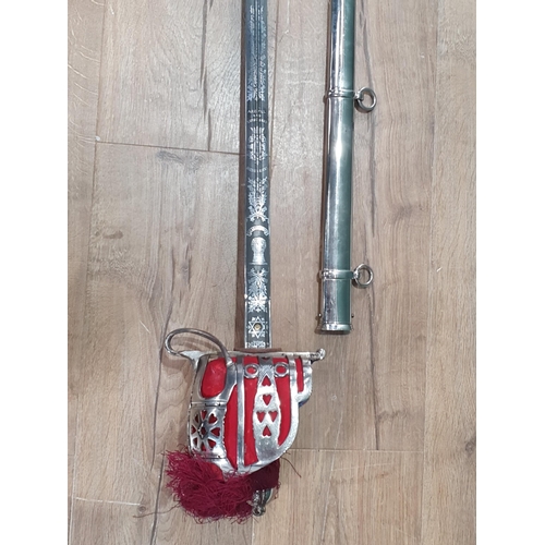 1151 - An 1828 Pattern basket hilted Scottish Officer's Sword, etched blade with George VI cypher to the Ar... 