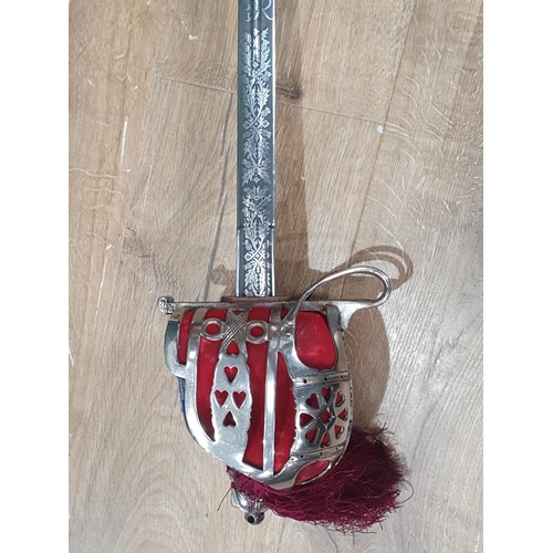 1151 - An 1828 Pattern basket hilted Scottish Officer's Sword, etched blade with George VI cypher to the Ar... 