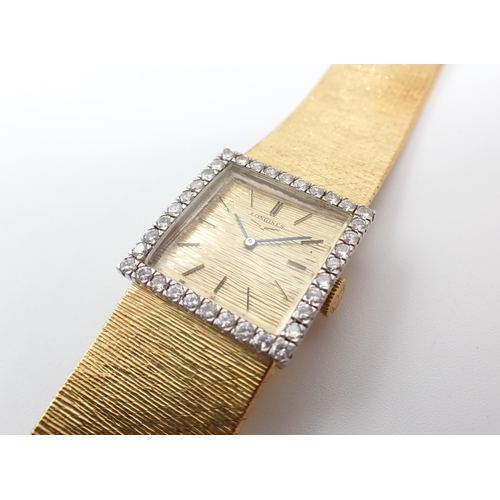 118 - A Longines Cocktail Watch the square textured dial with hourly baton markers and bezel pavé-set bril... 