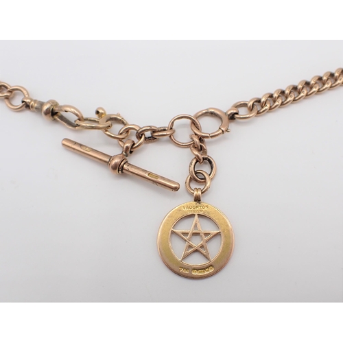 140 - A 9ct gold curb link Watch Albert with T bar and suspending 15ct rose gold Masonic Medallion, 40cms ... 