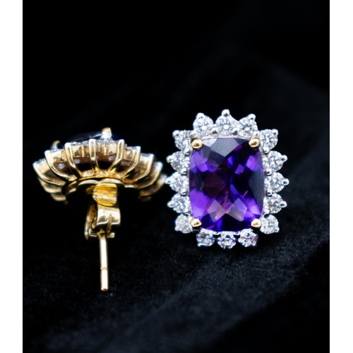 162 - A pair of Amethyst and Diamond Cluster Earrings each corner claw-set rectangular mixed-cut amethyst ... 