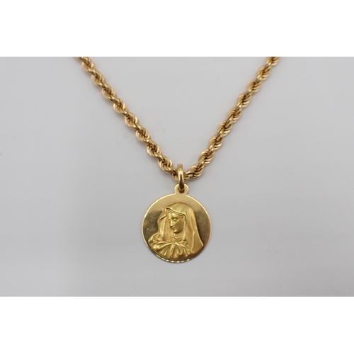 169 - An 18ct gold Madonna Pendant on 18ct gold rope twist chain 41cms long, approx 15.20gms