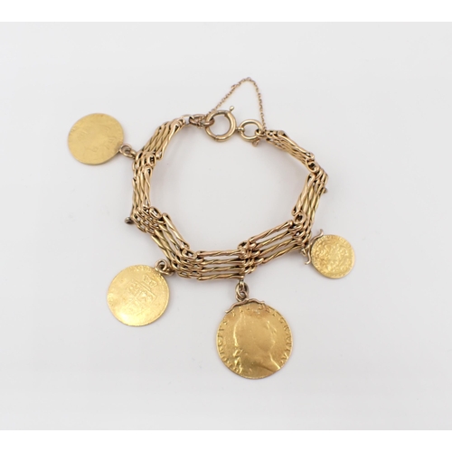 174 - A 9ct gold gatelink Bracelet suspending one George III gold Guinea, two George III half Guineas and ... 