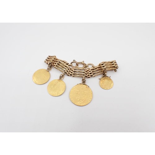 174 - A 9ct gold gatelink Bracelet suspending one George III gold Guinea, two George III half Guineas and ... 