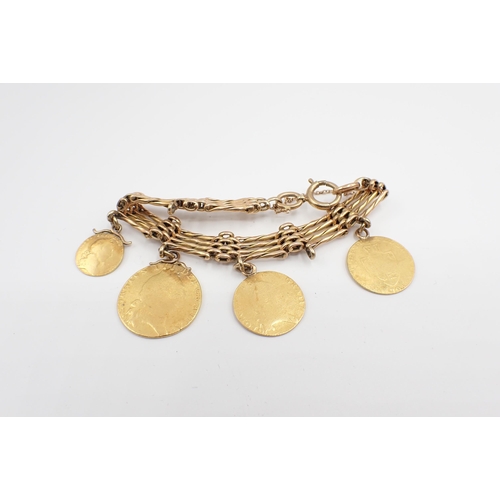 174 - A 9ct gold gatelink Bracelet suspending one George III gold Guinea, two George III half Guineas and ... 