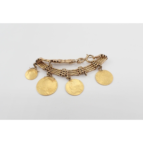 174 - A 9ct gold gatelink Bracelet suspending one George III gold Guinea, two George III half Guineas and ... 