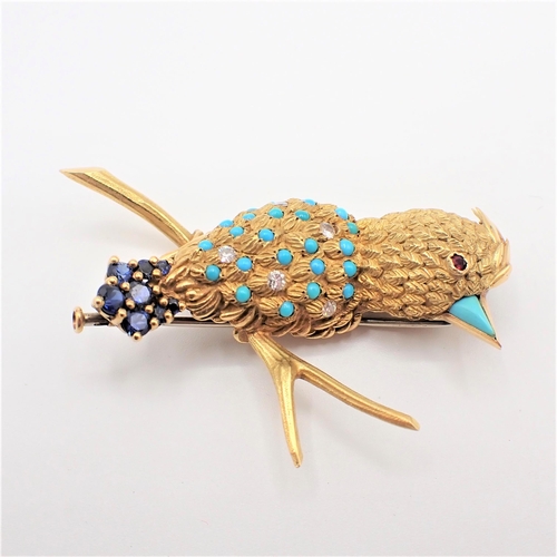 218 - A French gem-set Kingfisher Brooch set turquoise and brilliant-cut diamonds to body, turquoise beak,... 