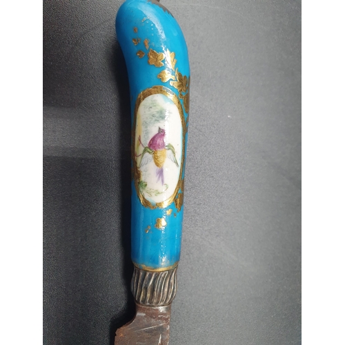 25 - Ten porcelain pistol grip handled Knives painted exotic birds in oval reserves, turquoise and gilt s... 