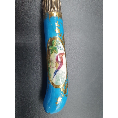 25 - Ten porcelain pistol grip handled Knives painted exotic birds in oval reserves, turquoise and gilt s... 