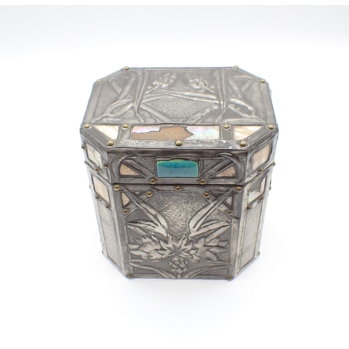 275 - An Arts and Crafts octagonal pewter Tea Caddy embossed flowers with mother of pearl inlay, 4 1/2in x... 