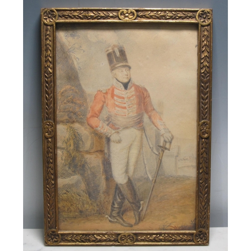 305 - ENGLISH SCHOOL CIRCA 1810. Portrait of an Officer, standing full length, wearing uniform, holding a ... 