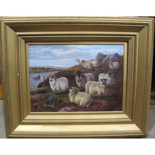 330 - CHARLES 'SHEEP' JONES (1836-1902). Sheep on a Moorland, a river beyond, signed with monogram, and fu... 