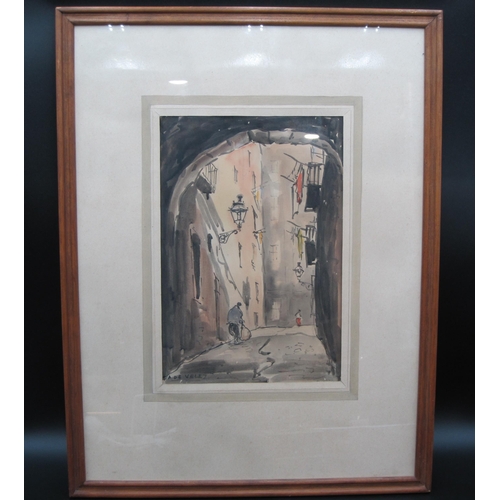 335 - ANTONIO DE VELEZ (1905-1969). A street in Lisbon, signed, watercolour, 13 x 8 1/2 in