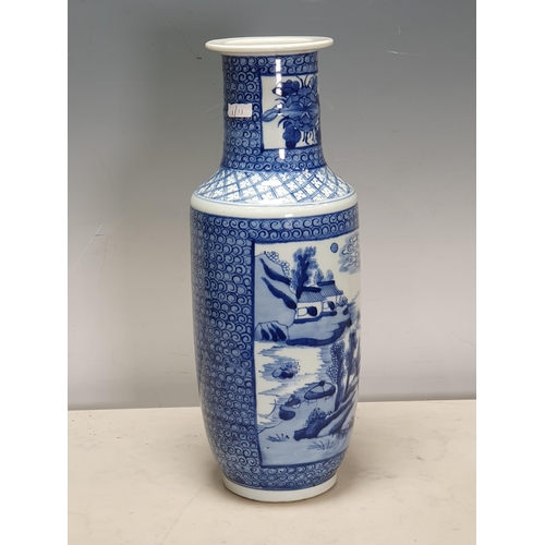 341 - A 19th Century Chinese blue and white Vase of baluster form, decorated panels of landscapes, 12 1/2i... 