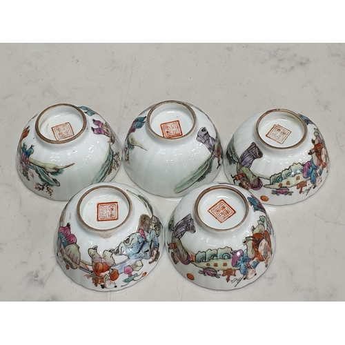 348 - A set of five Chinese Tea Bowls of lobed design, decorated figures in a landscape, 2 3/4in diam