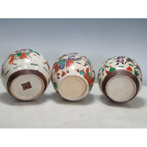 350 - Three Chinese Ginger Jars decorated warriors in a landscape, 5in H