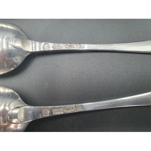 37 - Six George III silver bottom marked Table Spoons old english pattern with feather edges engraved ini... 